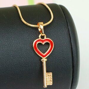 "Heart-Shaped Key Design Rose Gold Pendant with Red Enamel Accent, XPPT1280